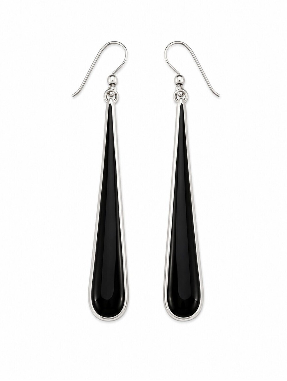 Onyx Mexico Sterling Silver Long Teardrop Dangle Hook Earrings